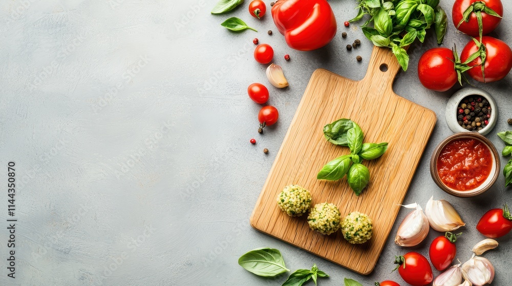 Fresh Ingredients and Homemade Sauce on Wooden Cutting Board for Cooking Preparation Fresh Ingredients and Homemade Sauce on Wooden Cutting Board for Cooking Preparation