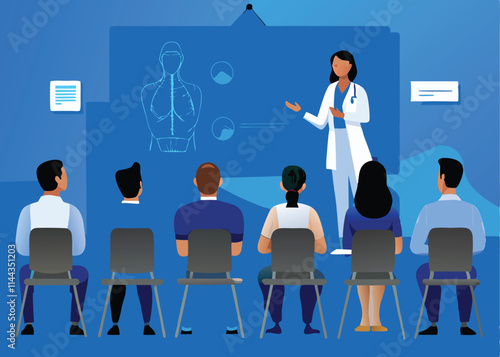 Illustrate a vector graphic of diverse medical students collaborating in a classroom setting, focused on a complex medical case study.