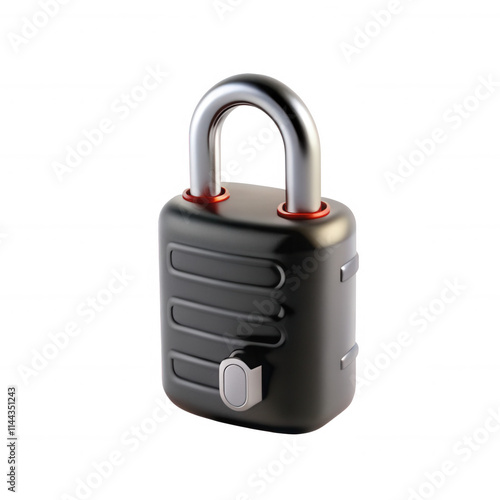 A realistically rendered 3D model of a padlock with a shiny metallic shackle and a sleek black body, emphasizing security and design. photo