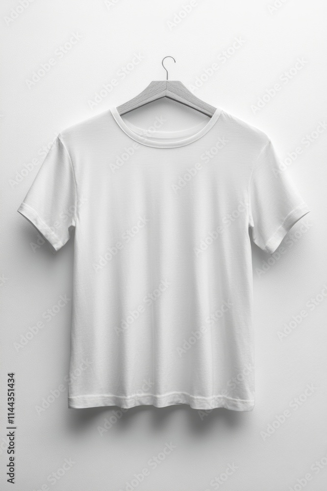 White shirt hanging on a hanger. The shirt is unbuttoned and has no design or writing on it White shirt hanging on a hanger. The shirt is unbuttoned and has no design or writing on it