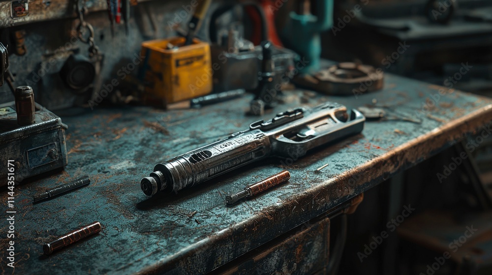 Grease gun and cartridges in industrial workshop closeup photography rustic environment hands-on maintenance concept Grease gun and cartridges in industrial workshop closeup photography rustic environment hands-on maintenance concept