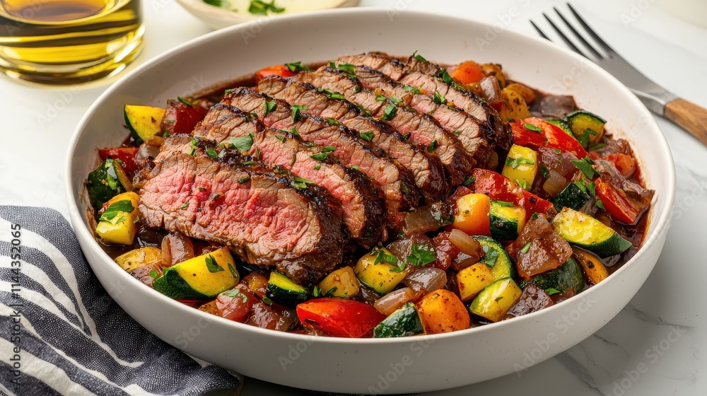 Sliced Grilled Steak with Colorful Vegetable Medley in White Bowl on Wooden Table Sliced Grilled Steak with Colorful Vegetable Medley in White Bowl on Wooden Table