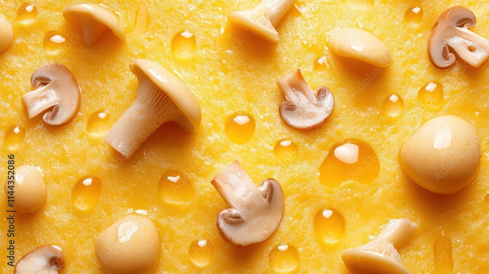 Fresh Mushrooms on Yellow Background with Droplets and Textured Surface Fresh Mushrooms on Yellow Background with Droplets and Textured Surface