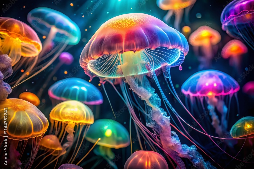 Glowing Jellyfish Long Exposure Photography - Underwater Bioluminescence Ocean Scene Glowing Jellyfish Long Exposure Photography - Underwater Bioluminescence Ocean Scene