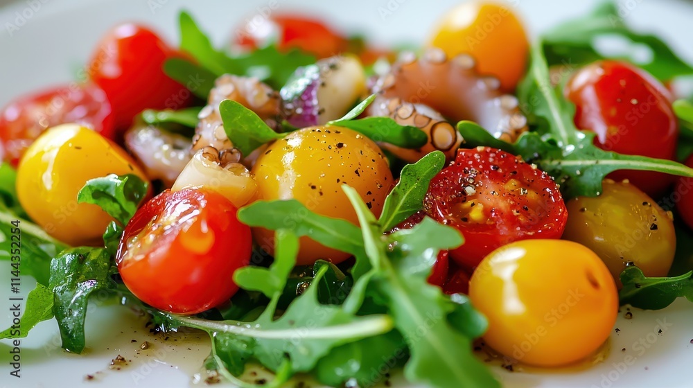 Fresh Colorful Salad with Cherry Tomatoes and Baby Octopus on White Plate Fresh Colorful Salad with Cherry Tomatoes and Baby Octopus on White Plate