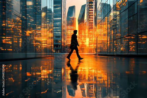 The warm reflection of sunset glows off the city's glass buildings, creating a stunning urban scene