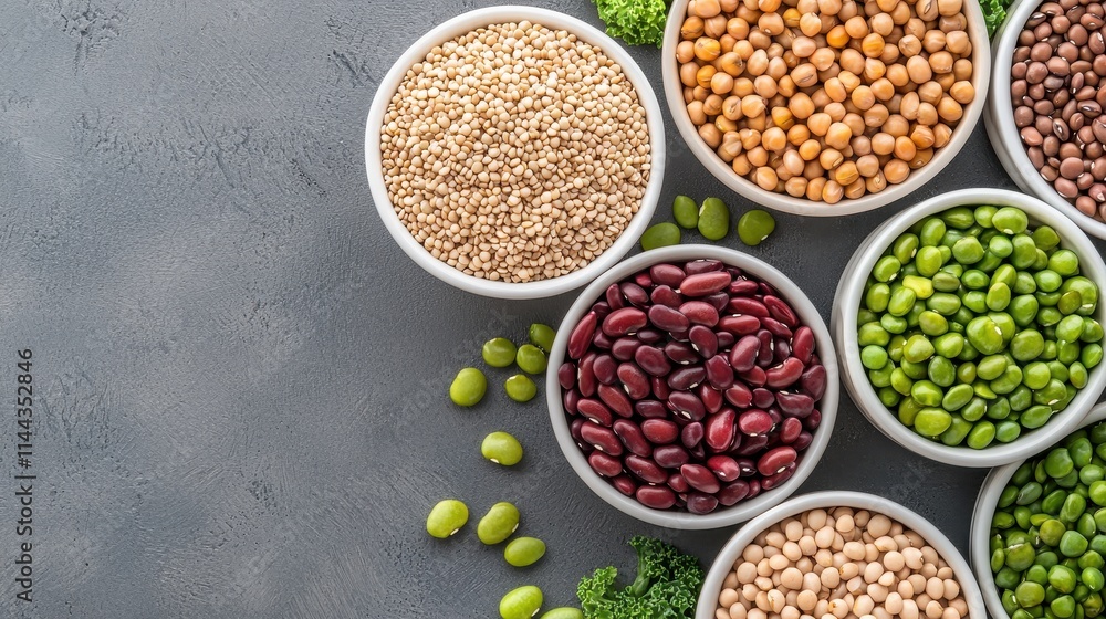 Assorted Legumes, Beans and Seeds in Bowls on a Gray Background for Healthy Eating Assorted Legumes, Beans and Seeds in Bowls on a Gray Background for Healthy Eating