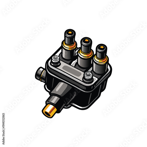 Close-up detailed shot of a compact automotive ignition coil, showcasing its visible internal components and wiring.