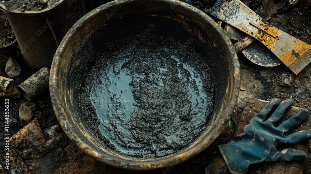 Cement and water in a large mixing tub, with gloves and a trowel placed nearby for construction use Cement and water in a large mixing tub, with gloves and a trowel placed nearby for construction use