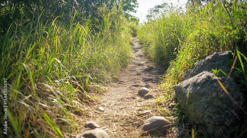 Obraz premium A dirt hiking trail surrounded by tall grass and rocky terrain on a bright sunny day