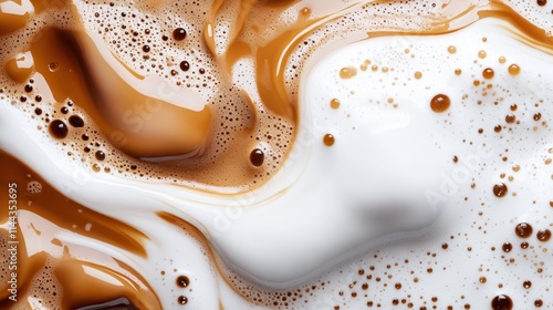 A detailed close-up of swirling caramel and cream creating an artistic blend of frothy textures and rich, delicious colors, epitomizing indulgent flavors and aesthetic creativity. photo