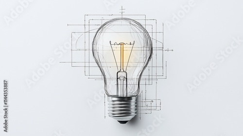 Glowing light bulb with blueprint sketch.