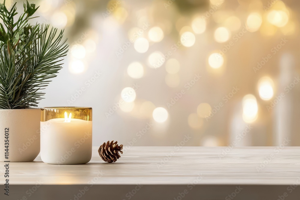Cozy Atmosphere with Candle and Pine Plant on Wooden Table Cozy Atmosphere with Candle and Pine Plant on Wooden Table