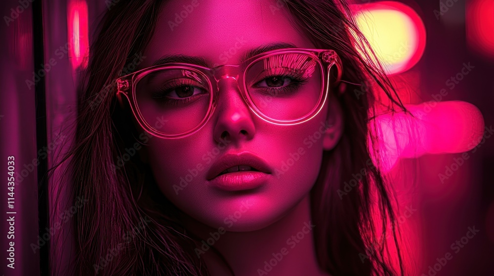 Obraz premium Portrait of a woman with glasses in vibrant lighting.