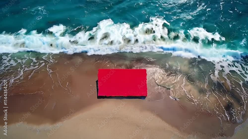 A bright red chroma key screen on a sandy beach with foamy waves approaching. Designed for adding personalized media seamlessly. A bright red chroma key screen on a sandy beach with foamy waves approaching. Designed for adding personalized media seamlessly.