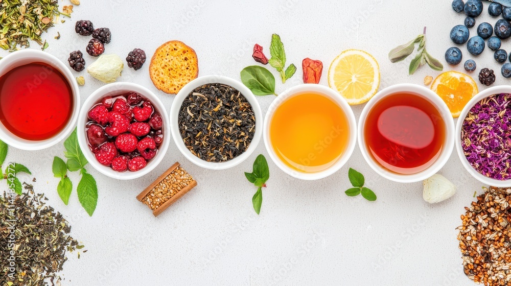 Assorted Herbal Teas, Fresh Berries, Leaves, and Dried Ingredients on White Background Assorted Herbal Teas, Fresh Berries, Leaves, and Dried Ingredients on White Background