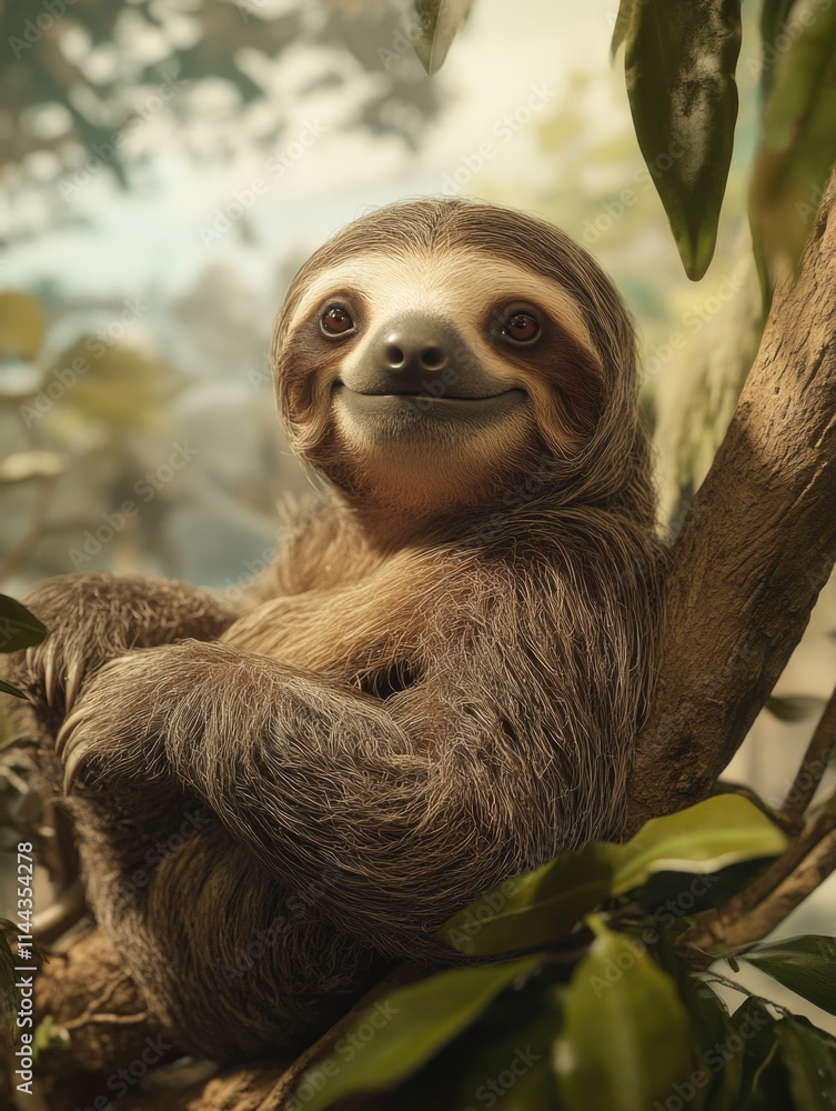 Smiling sloth in a forest, looking adorably cartoon-like. Smiling sloth in a forest, looking adorably cartoon-like.
