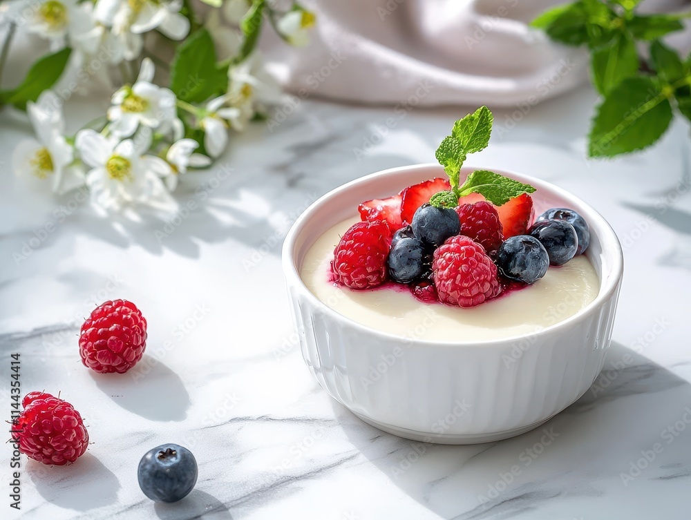 Fresh yogurt bowl topped with berries and mint on a marble surface in natural light