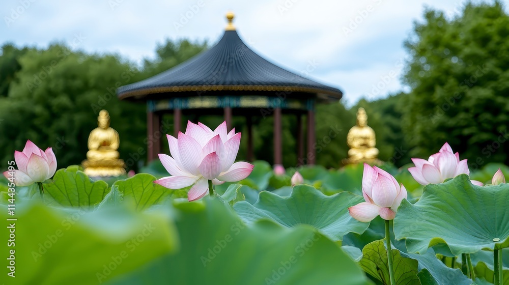 A serene scene featuring pink lotus flowers in a lush pond, with golden statues and a pagoda in the background. A serene scene featuring pink lotus flowers in a lush pond, with golden statues and a pagoda in the background.