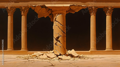 Crumbling ancient column in a colonnade.