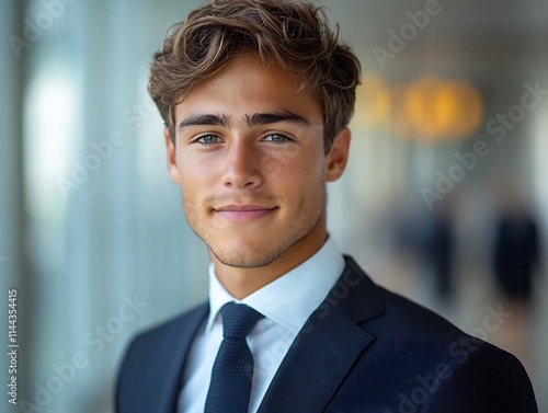 Handsome Young Professional Man in Stylish Formal Suit Standing Against Elegant Urban Backdrop