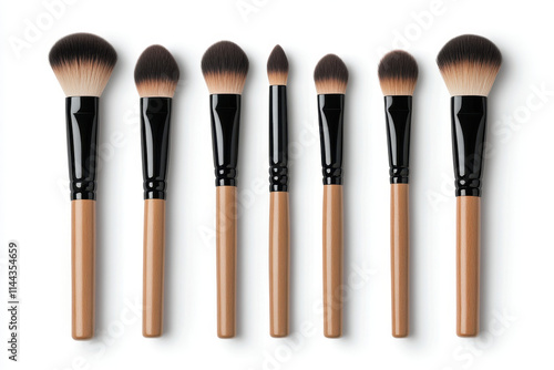 Realistic photo of soft natural makeup brushes arranged in row, showcasing various shapes and sizes for different applications. Perfect for beauty enthusiasts and professionals