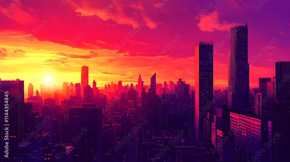 Fototapeta premium vibrant city skyline at sunset, perfect for promotional text overlays, exuding urban innovation and excitement.