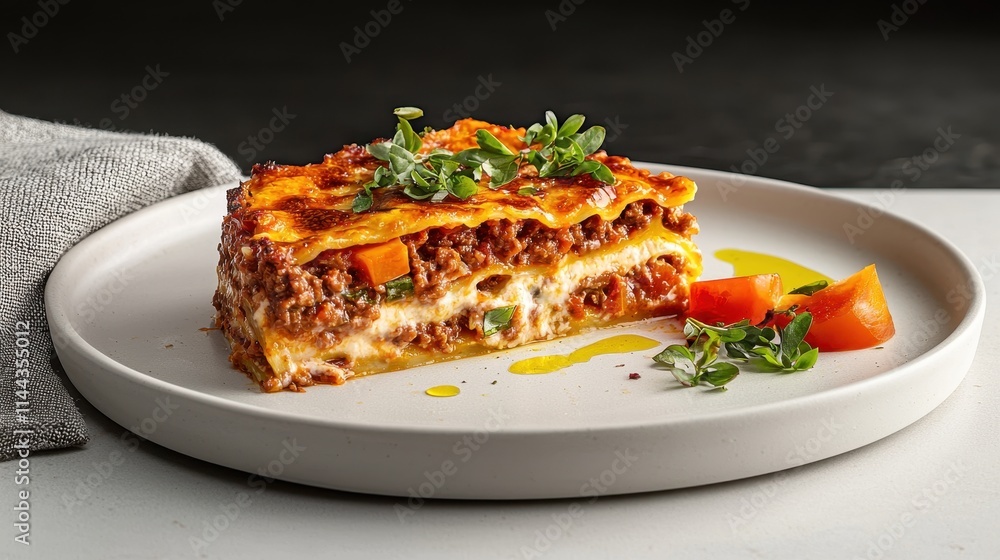 Delicious Layers of Beef Lasagna with Cheese and Fresh Herbs on White Plate Delicious Layers of Beef Lasagna with Cheese and Fresh Herbs on White Plate