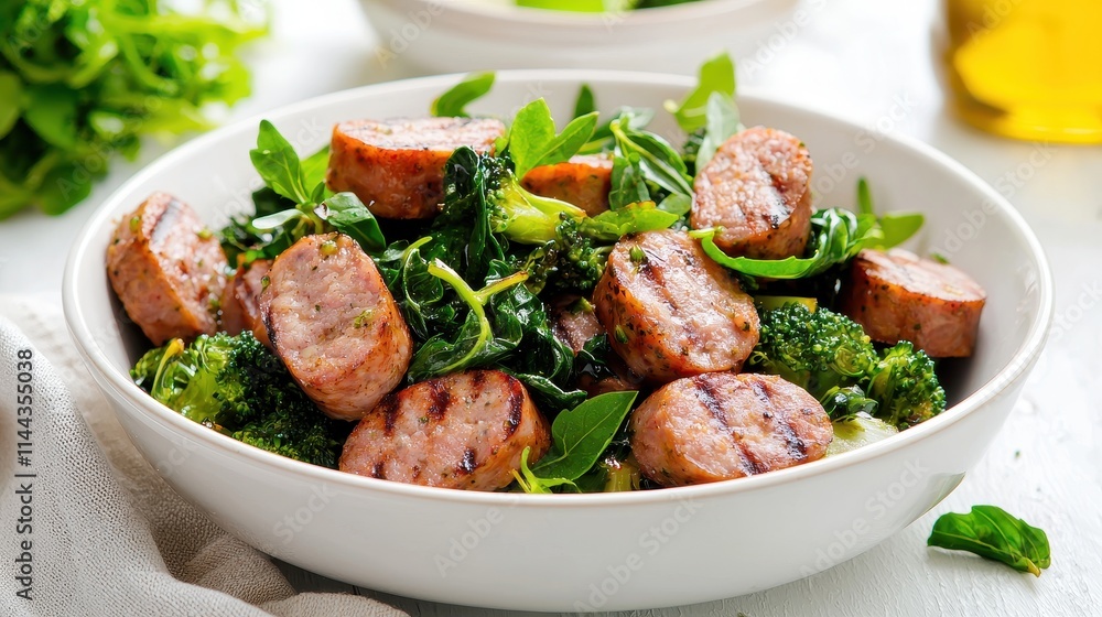 Grilled Sausages with Fresh Spinach and Broccoli in a Bowl on a Rustic Surface Grilled Sausages with Fresh Spinach and Broccoli in a Bowl on a Rustic Surface