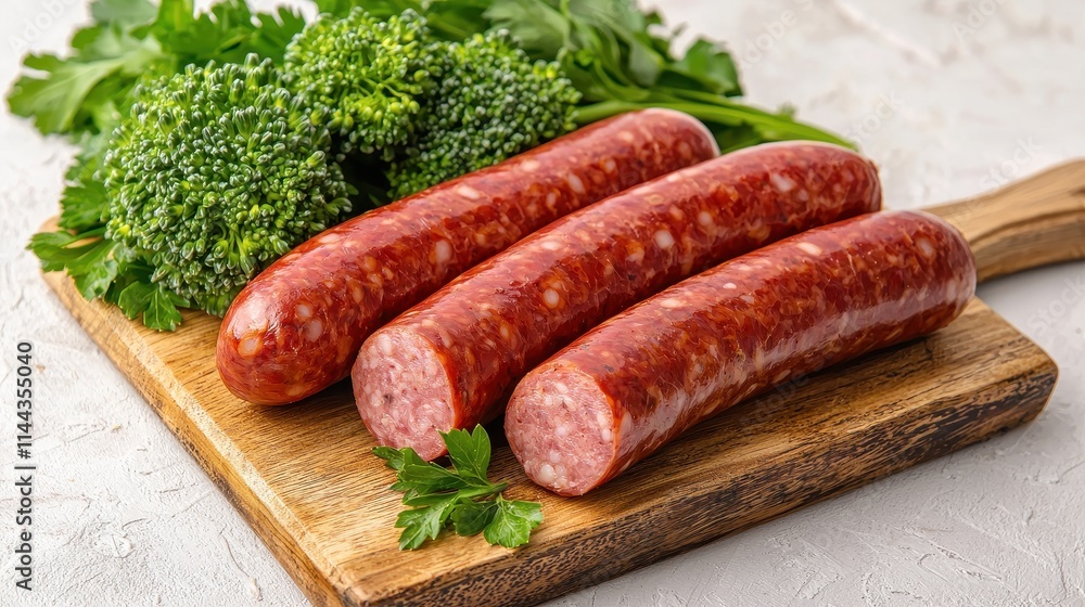 Fresh Sausages with Broccoli and Parsley on Wooden Cutting Board for Cooking Fresh Sausages with Broccoli and Parsley on Wooden Cutting Board for Cooking