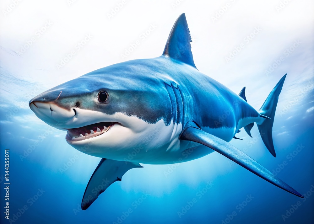 Obraz premium Great White Shark Panoramic, Ocean Predator, Wildlife Photography, Marine Animal, White Background, Sea Creature, Jaws, Shark Image, Underwater Photo, Panoramic View,