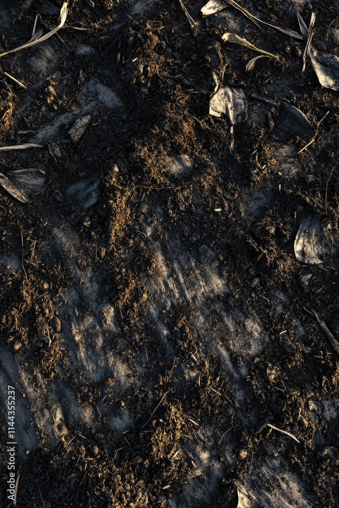Close-up of soil with debris. Textured dirt with various particles and pieces. Close-up of soil with debris. Textured dirt with various particles and pieces.