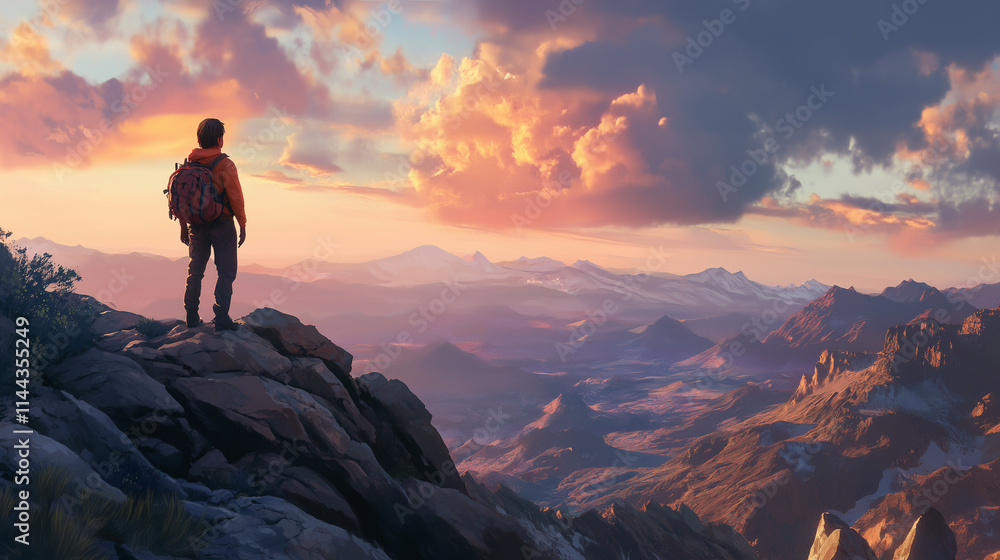 Hiker on a high crag, silhouetted against the sky, with the world's edge seemingly at his feet at sunset Hiker on a high crag, silhouetted against the sky, with the world's edge seemingly at his feet at sunset