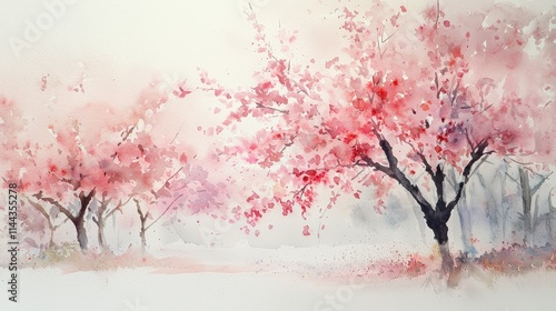 Serene Spring Landscape with Vibrant Cherry Blossom Trees