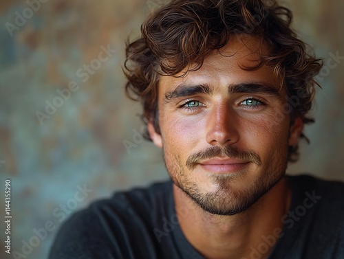 Handsome Young Man with Gentle Smile Against Textured Wall Backdrop