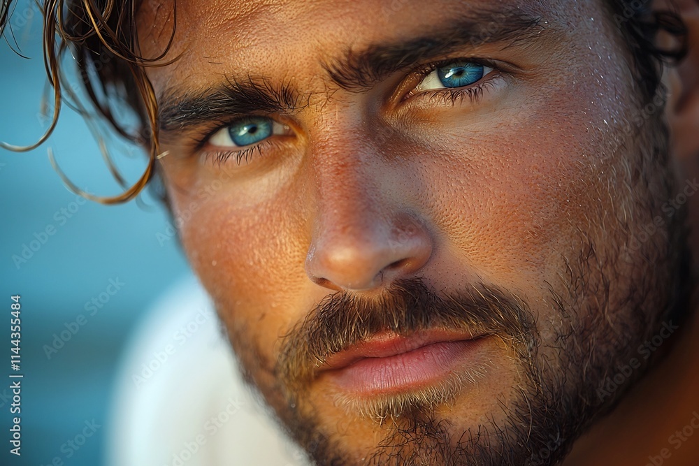 Handsome Man with Deep Blue Eyes Wearing White Shirt Against Serene Beach Background Soft Natural Light Portrait Concept Handsome Man with Deep Blue Eyes Wearing White Shirt Against Serene Beach Background Soft Natural Light Portrait Concept