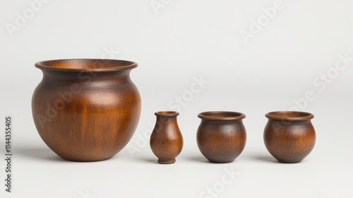 A set of four intricately crafted wooden pots of varying sizes, showcasing their rich texture and craftsmanship. photo