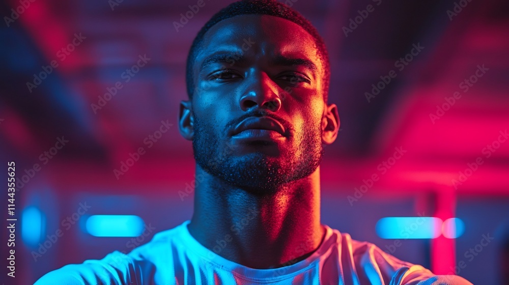 Athletic Man in Sports Gear with Dramatic Lighting Confident and Composed Gym Portrait Athletic Man in Sports Gear with Dramatic Lighting Confident and Composed Gym Portrait