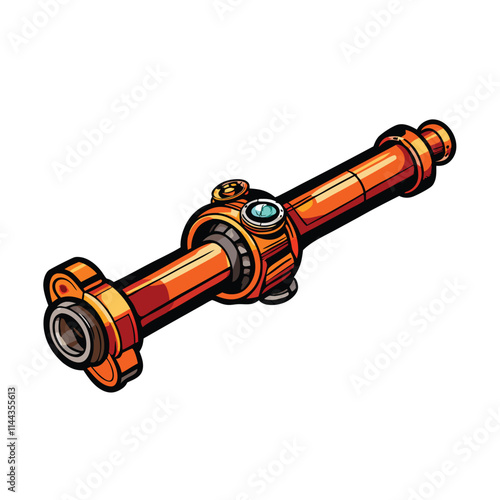 A long industrial propeller shaft unexpectedly features a small bear resting upon it.  The scene is set outdoors, possibly in a shipyard or industrial setting.