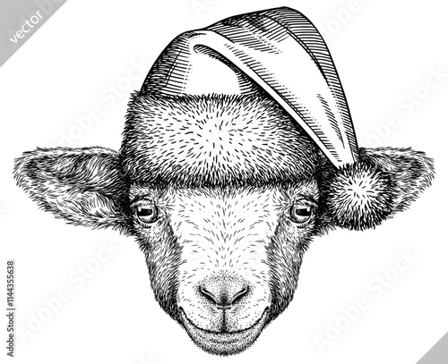Vintage engraving isolated goat set dressed christmas illustration ink santa costume sketch. Farm animal background ram silhouette sheep new year hat art. Black and white hand drawn vector image