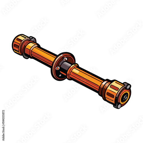 A long industrial propeller shaft dramatically contrasted against a surprisingly serene polar bear resting nearby.