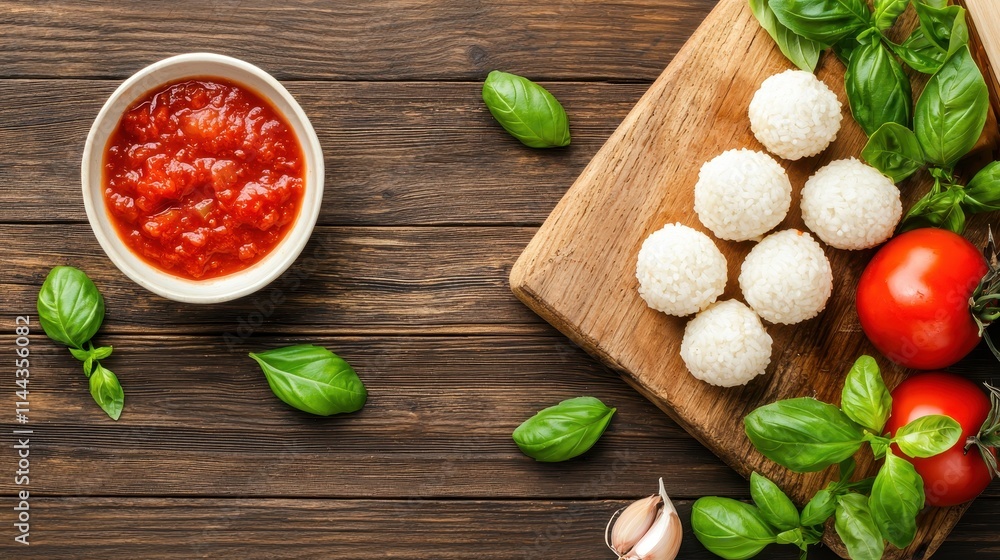 Fresh Ingredients for Cooking with Rice Balls, Tomato Sauce and Herbs on Wooden Board Fresh Ingredients for Cooking with Rice Balls, Tomato Sauce and Herbs on Wooden Board