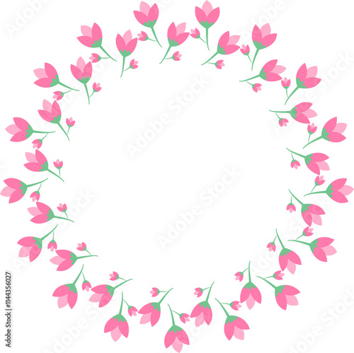 Circular floral frame made of pink flowers and green stems, minimalistic and decorative design.
