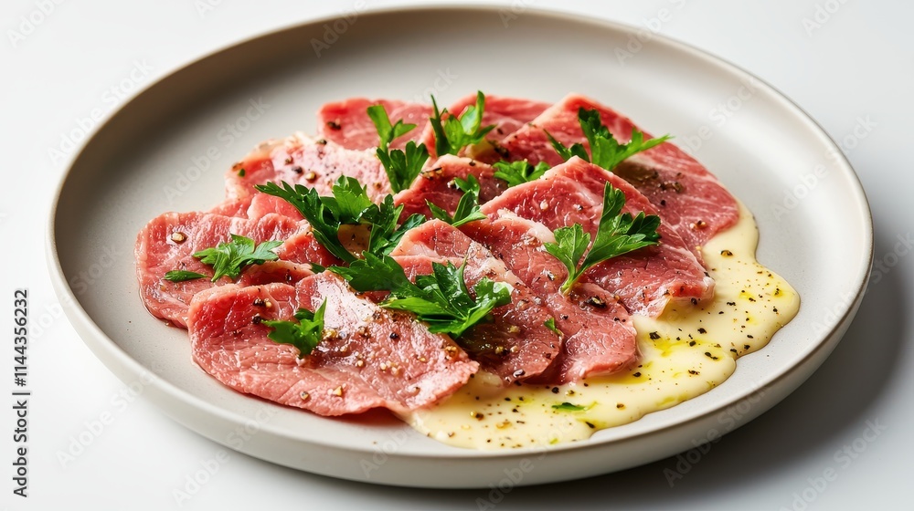 Freshly Sliced Beef Carpaccio with Herbs on Creamy Sauce Served on Modern Plate Freshly Sliced Beef Carpaccio with Herbs on Creamy Sauce Served on Modern Plate