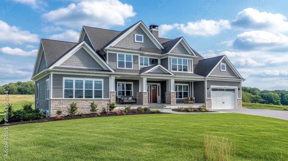 Two-story gray house with stone accents, large windows, and a wrap-around porch on a grassy lawn under a blue sky. Two-story gray house with stone accents, large windows, and a wrap-around porch on a grassy lawn under a blue sky.
