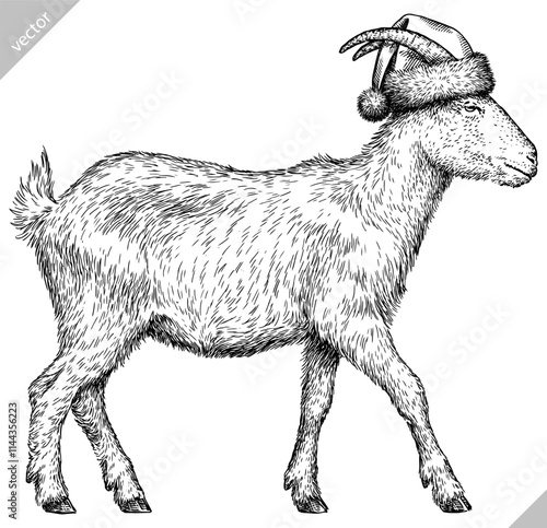 Vintage engraving isolated goat set dressed christmas illustration ink santa costume sketch. Farm animal background ram silhouette sheep new year hat art. Black and white hand drawn vector image