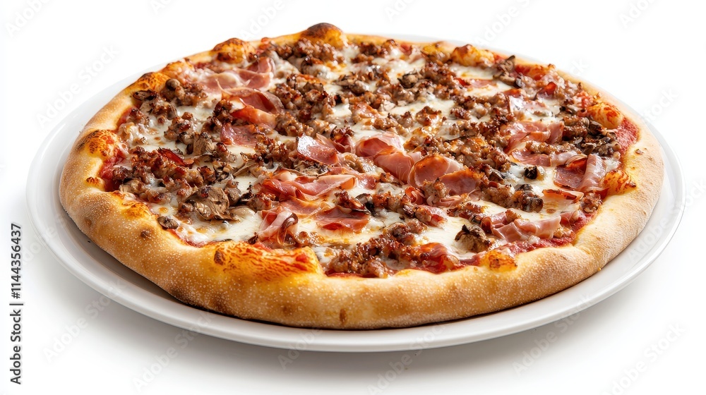 Delicious Meat-Lovers Pizza with Toppings of Ham, Bacon, and Ground Beef on Plate Delicious Meat-Lovers Pizza with Toppings of Ham, Bacon, and Ground Beef on Plate