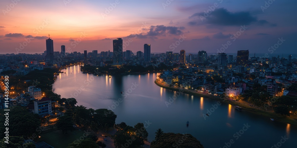 Fototapeta premium A beautiful city with a river flowing through it, during the evening. The setting sun casts a warm golden glow over the skyline, reflecting on the calm water below.