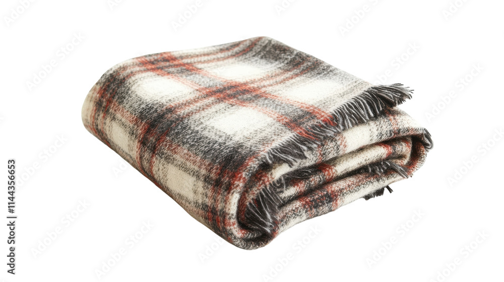 A Neatly Folded Plaid Blanket with Fringe Ideal for Cozy Settings, Picnics, and Home Decor. A Neatly Folded Plaid Blanket with Fringe Ideal for Cozy Settings, Picnics, and Home Decor.