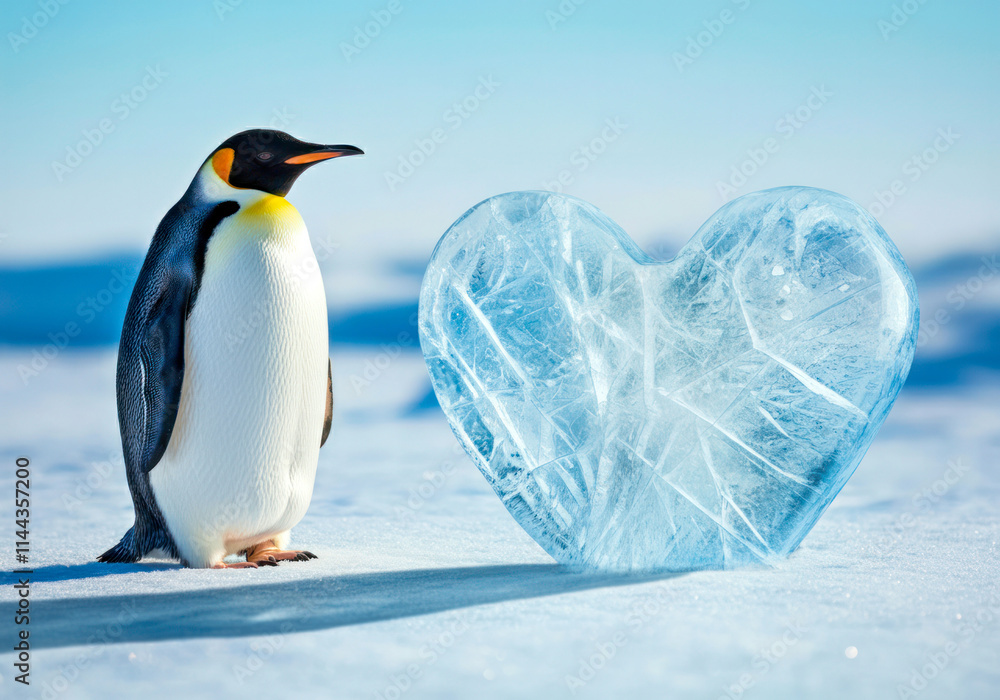 Obraz premium Emperor penguin stands beside a heart-shaped ice sculpture in a snowy landscape under clear blue skies